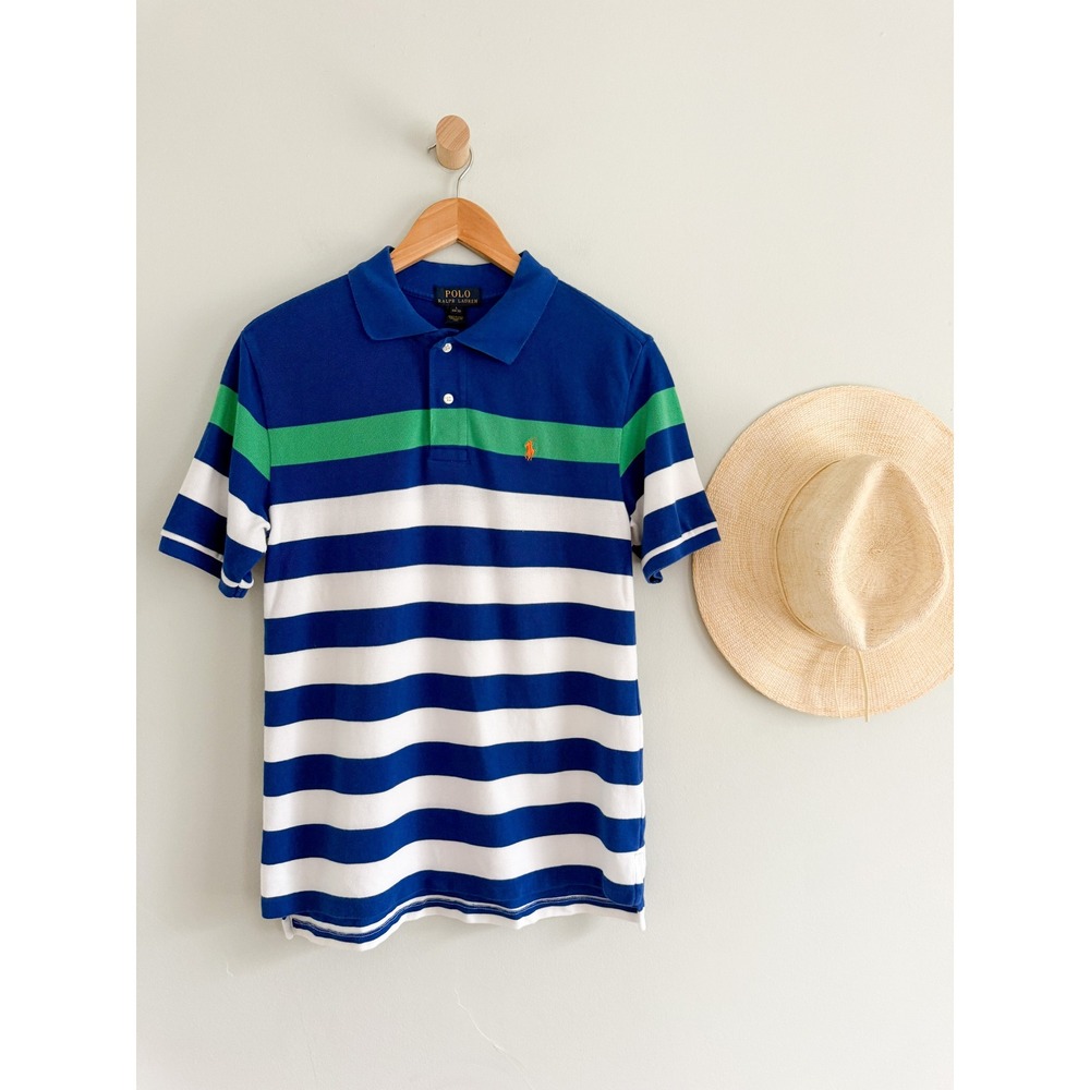 Polo Ralph Lauren | Boys Striped Rugby Polo Shirt Blue Green White | Sz L 14-16